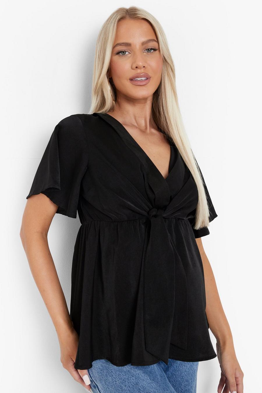 Black Maternity Tie Front Angel Sleeve Blouse image number 1