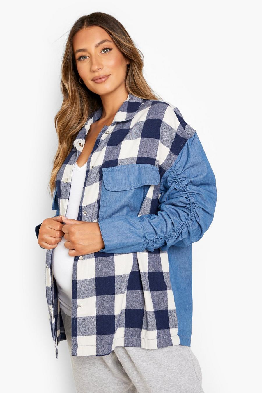 Mid blue Maternity Check Ruched Sleeve Denim Overshirt image number 1