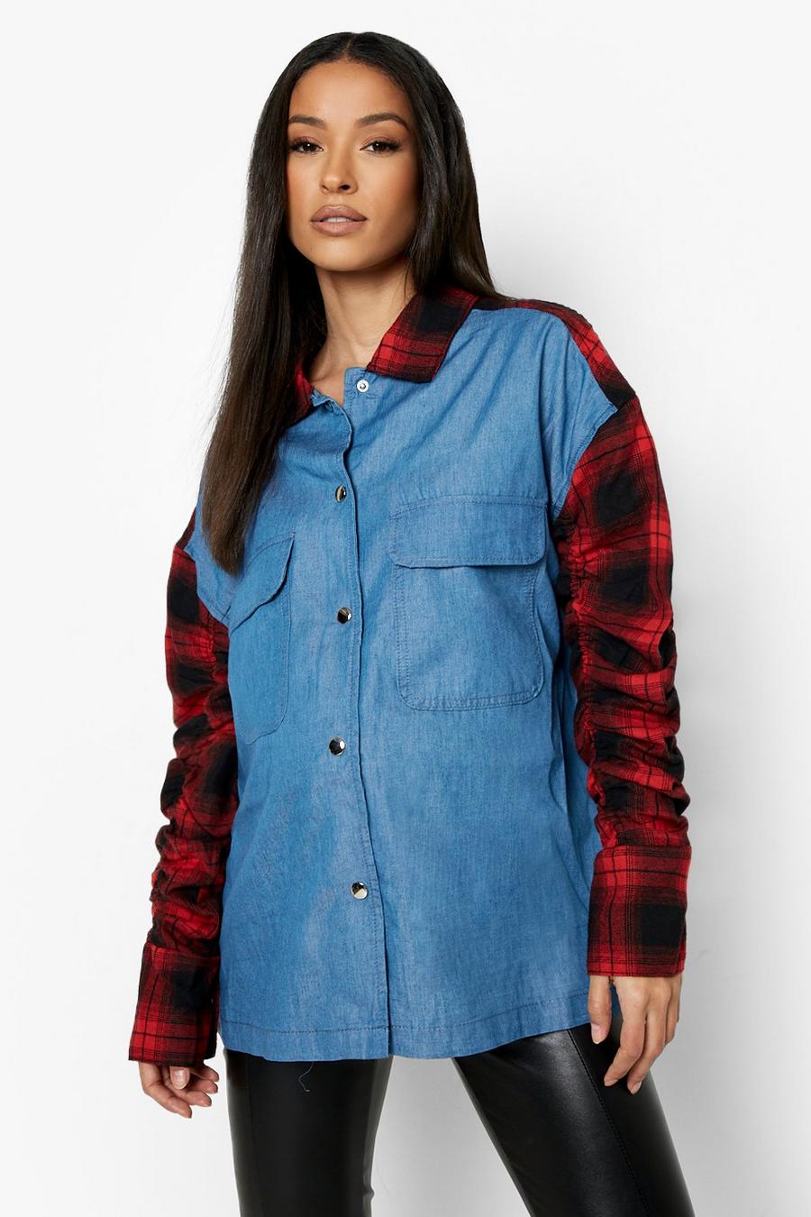 Mid blue Maternity Check Ruched Sleeve Denim Overshirt image number 1
