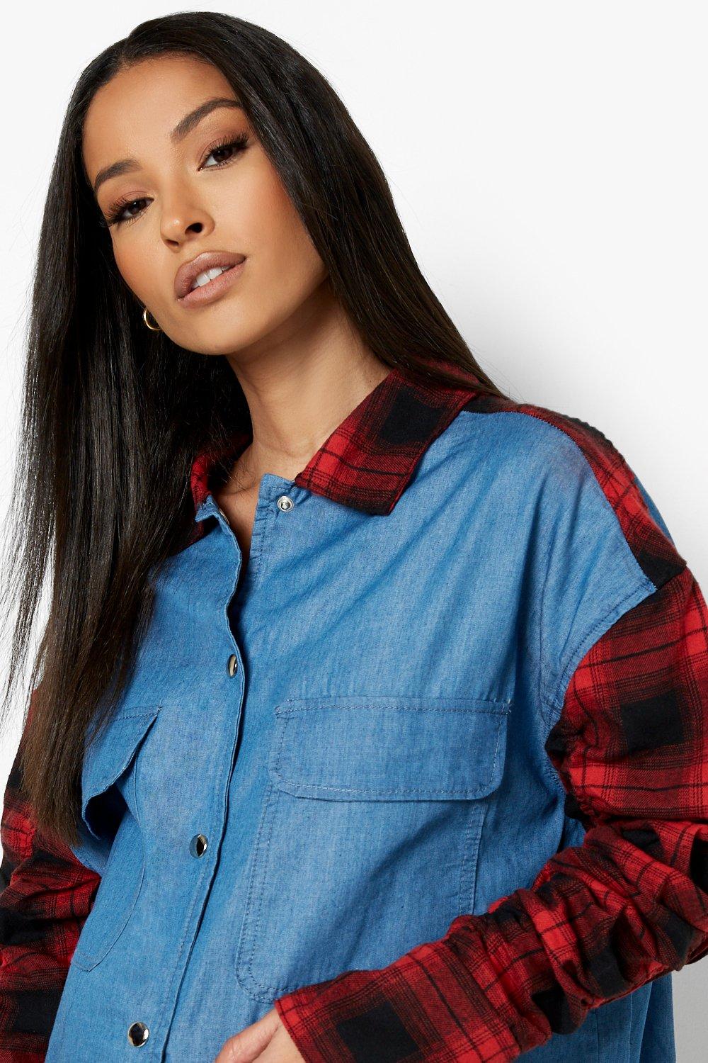 boohoo Maternity Flannel Ruched Sleeve Denim Shirt Jacket - ShopStyle