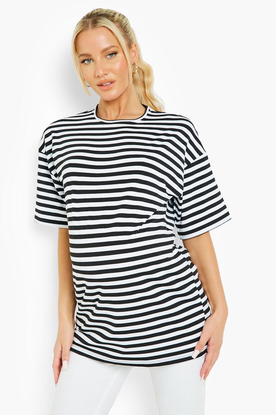Black Maternity Stripe Oversized T-shirt image number 1