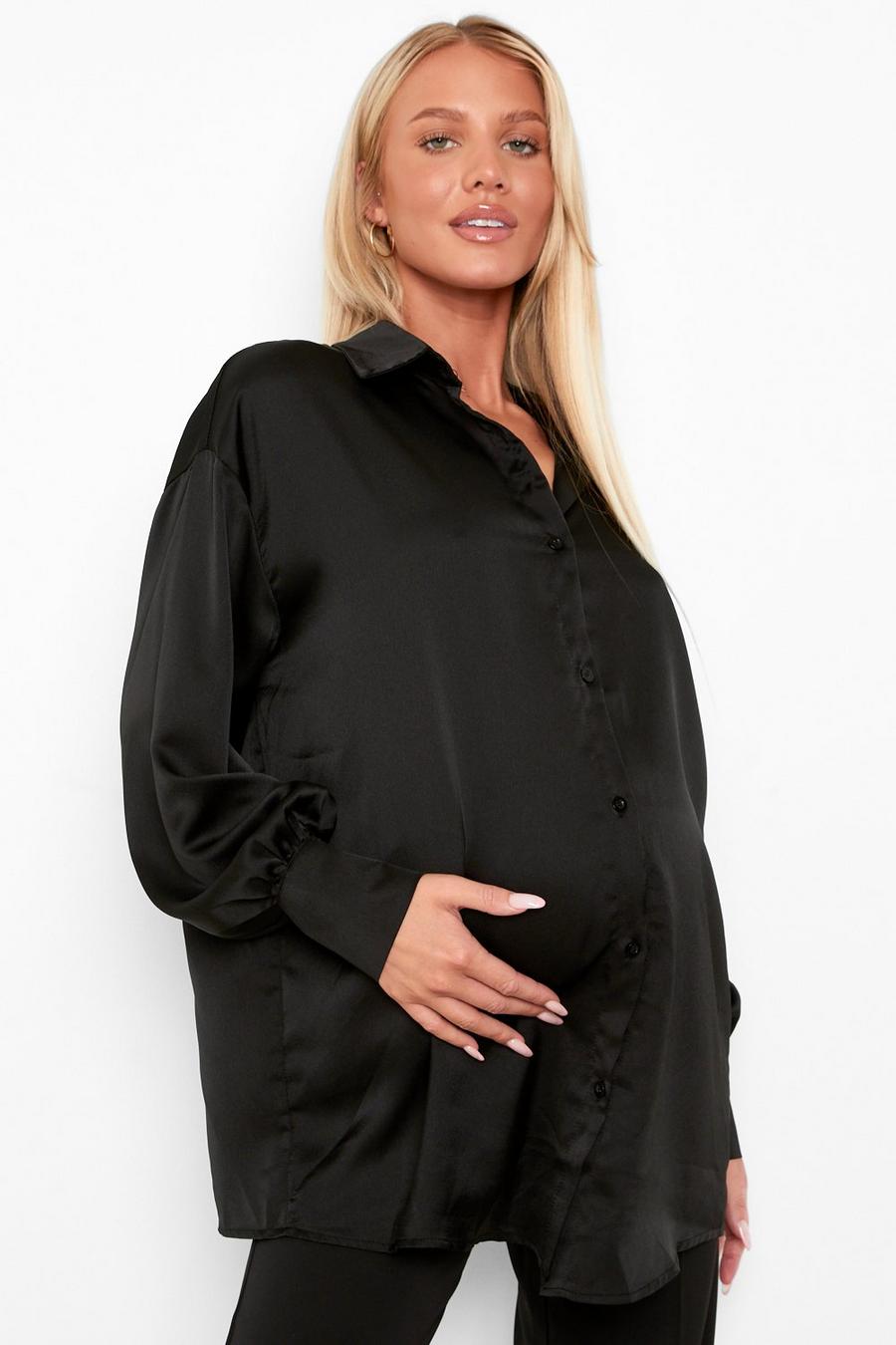Black Maternity Satin Oversized Shirt image number 1