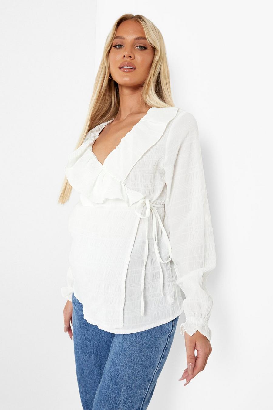 White Maternity Crinkle Long Sleeve Wrap Top image number 1