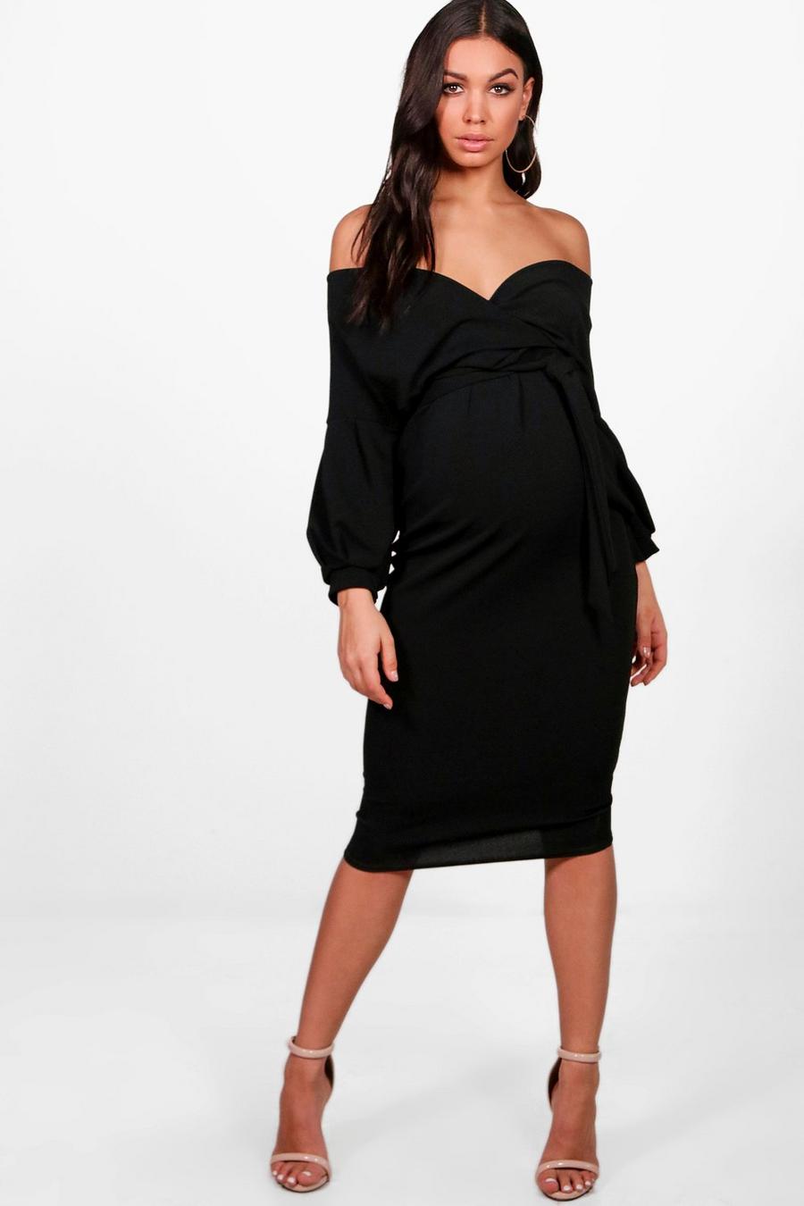 Black svart Maternity Off The Shoulder Wrap Midi Dress