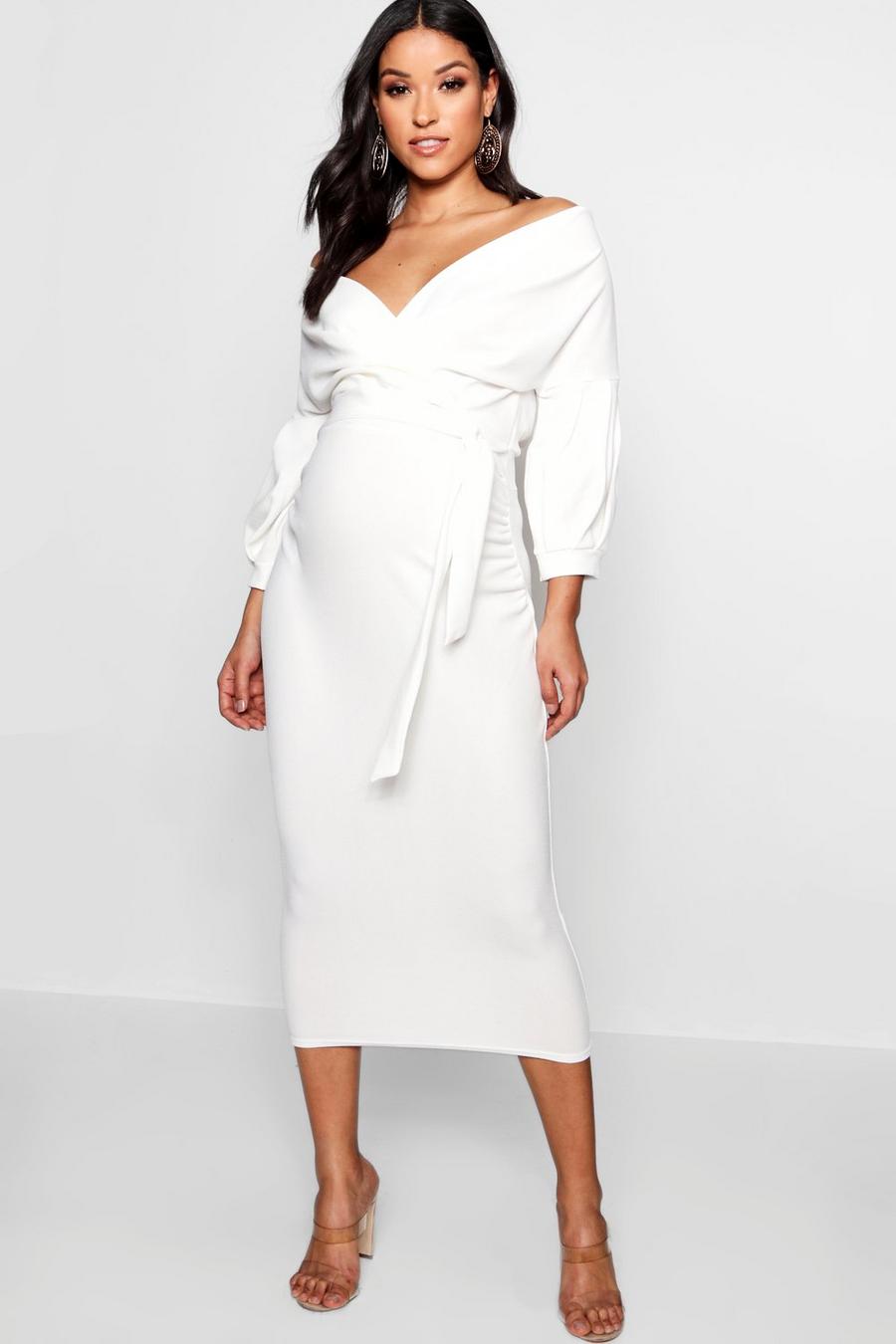 Ivory white Maternity Off The Shoulder Wrap Midi Dress image number 1