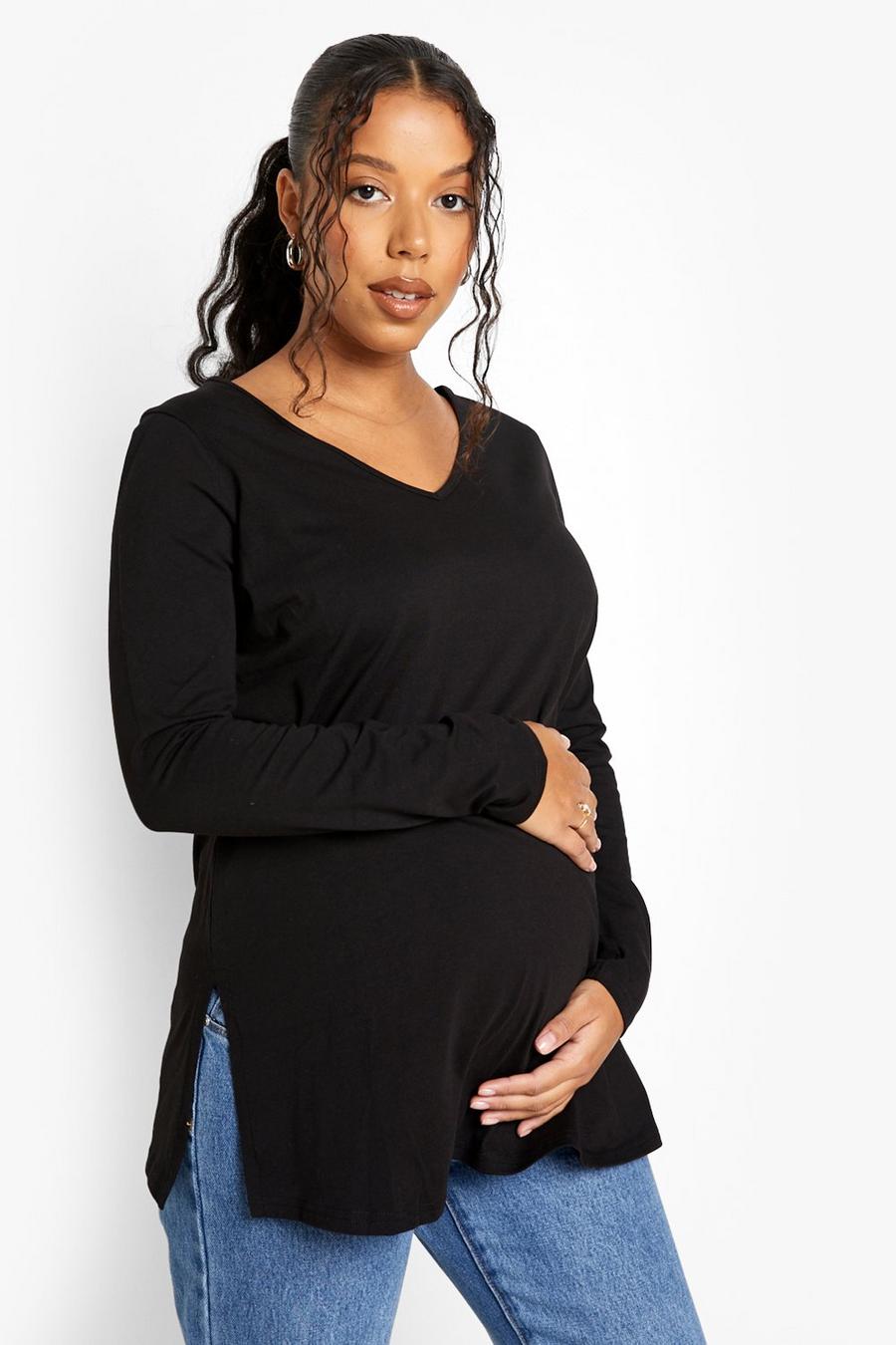 Black Maternity V Neck Long Sleeve T-Shirt image number 1