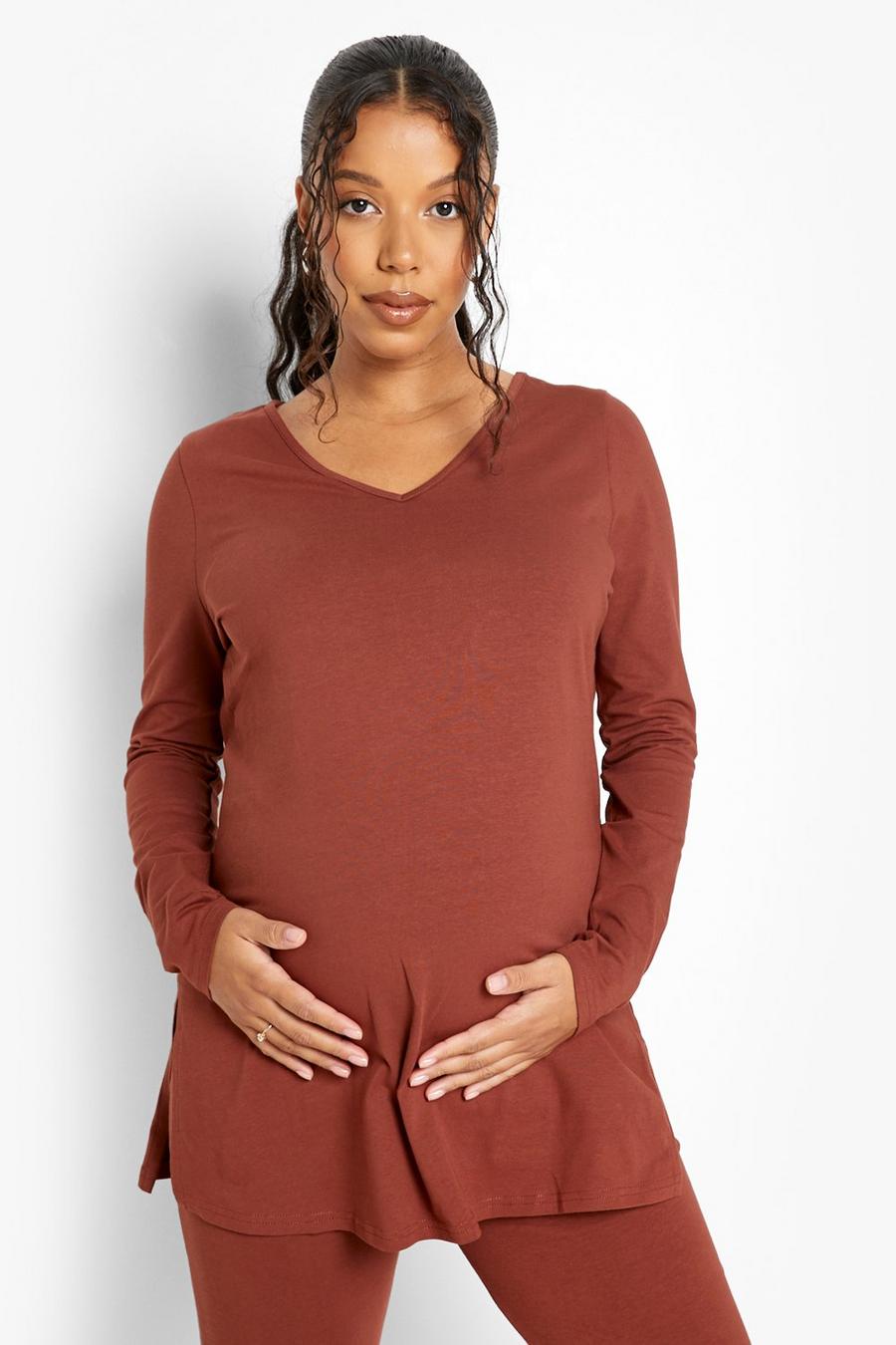 Chocolate Maternity V Neck Long Sleeve T-Shirt image number 1