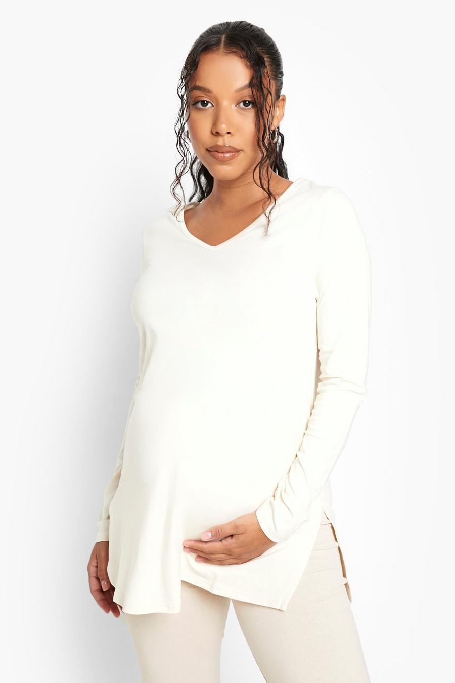 Ecru white Maternity V Neck Long Sleeve T-Shirt image number 1