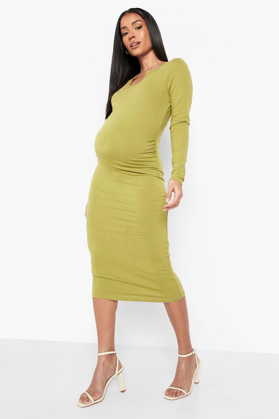 Khaki Maternity Notch Neck Long Sleeve Midi Dress image number 1