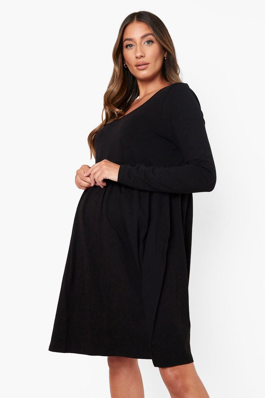 Black Maternity V Neck Long Sleeve Smock Dress image number 1