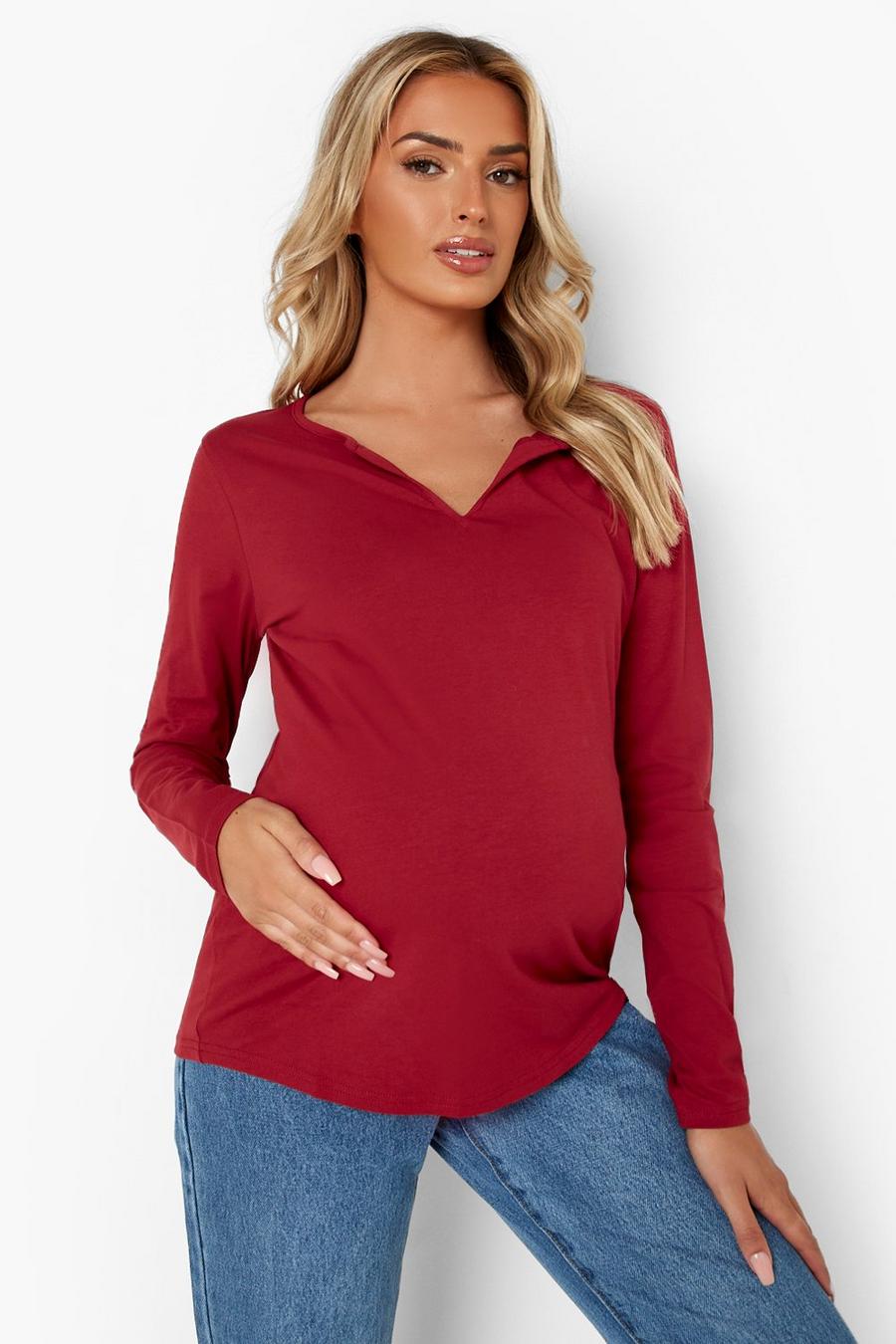 Wine Maternity Notch Neck Long Sleeve Top image number 1