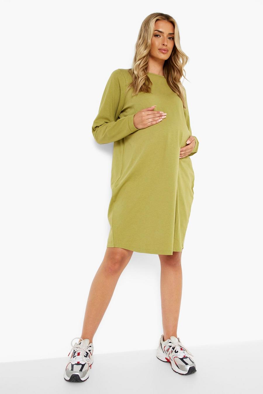 Khaki Maternity Oversized Long Sleeve T-shirt Dress image number 1