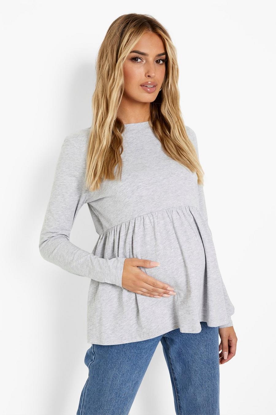 Grey marl Maternity Crew Neck Long Sleeve Smock Top image number 1