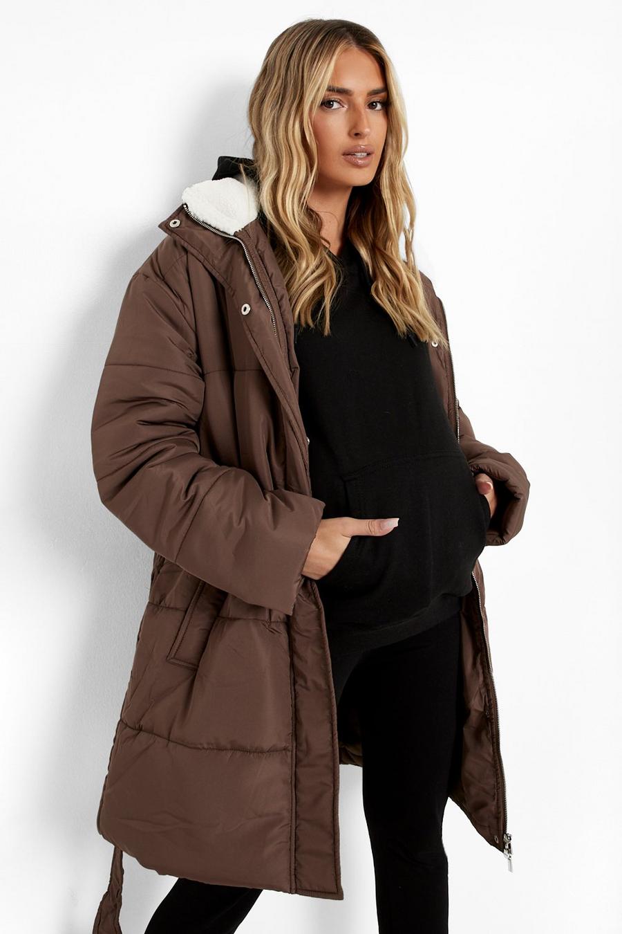 Chocolate brown Maternity Padded Borg Detail Parka Coat image number 1
