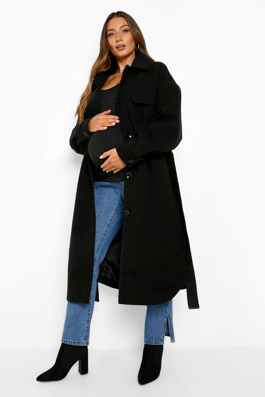 Camisa chaqueta Premamá de corte largo efecto lana, Black image number 1