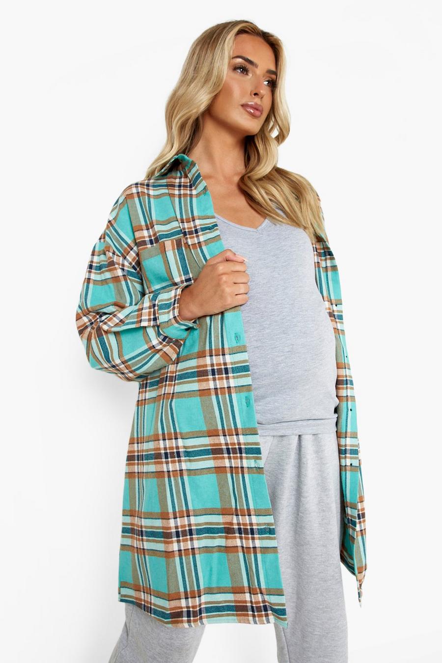 Green Maternity Oversized Flannel Shirt image number 1