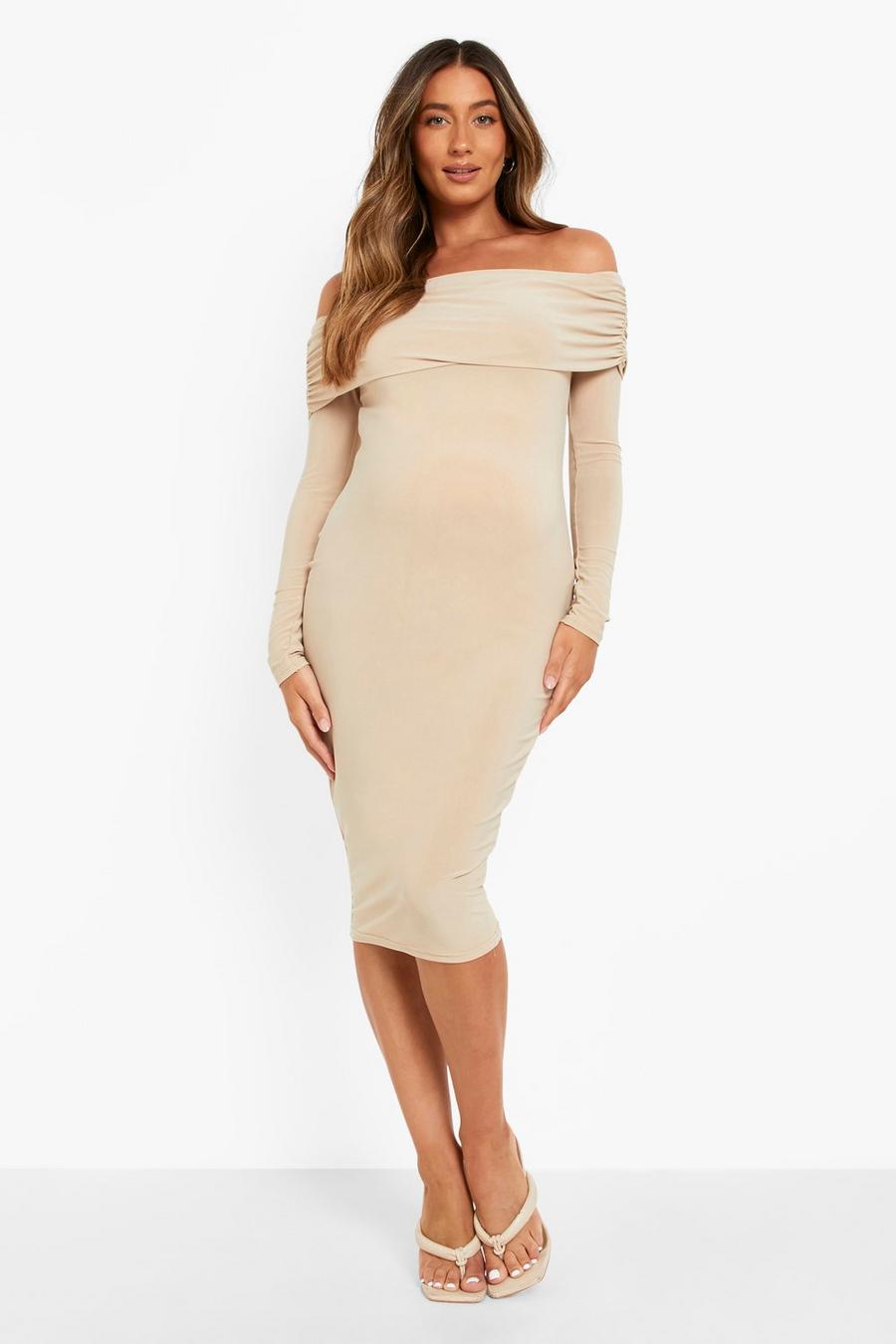 Stone Maternity Off The Shoulder Overlay Midi Dress image number 1