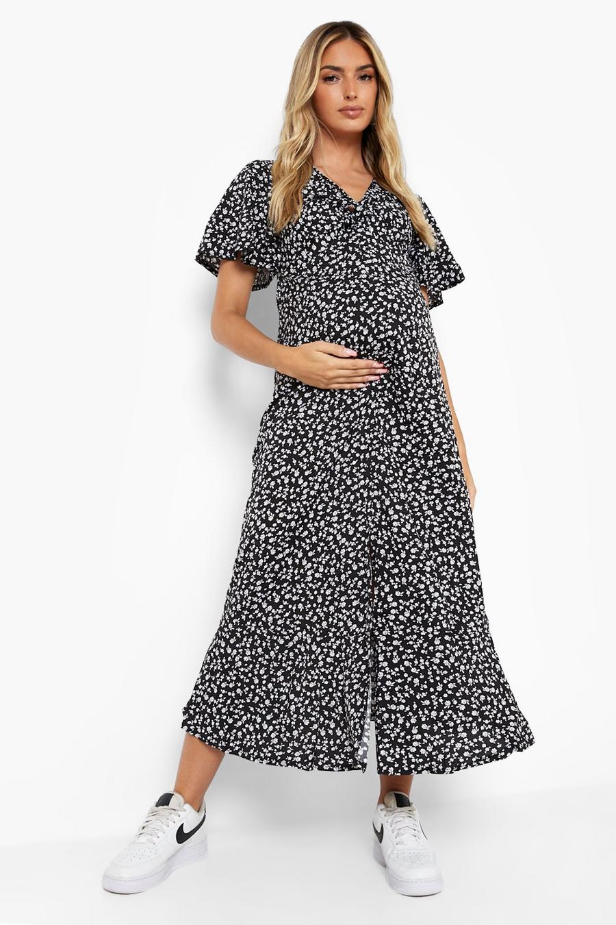 Maternité - Robe de grossesse mi-longue torsadée à imprimé fleuri, Black image number 1