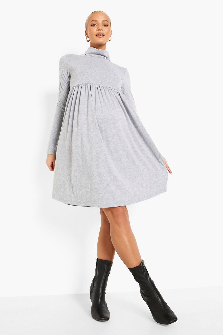 Grey Materntiy Turtleneck Jersey Knit Smock Dress image number 1