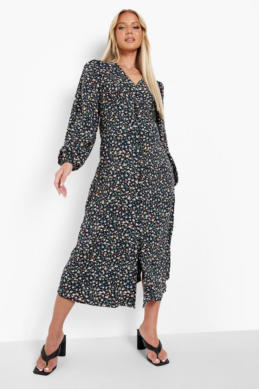 Black Maternity Button Down Long Sleeve Midi Dress image number 1