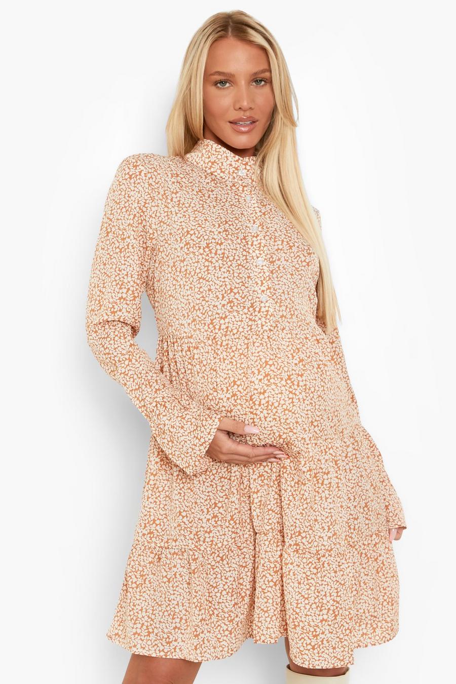 Rust Maternity Tiered Shirt Dress image number 1