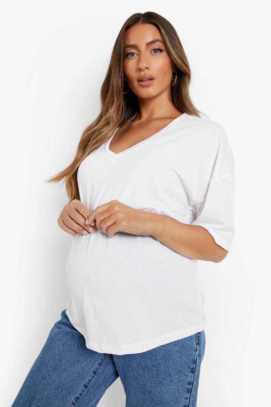 White Maternity V Neck Oversized T-Shirt