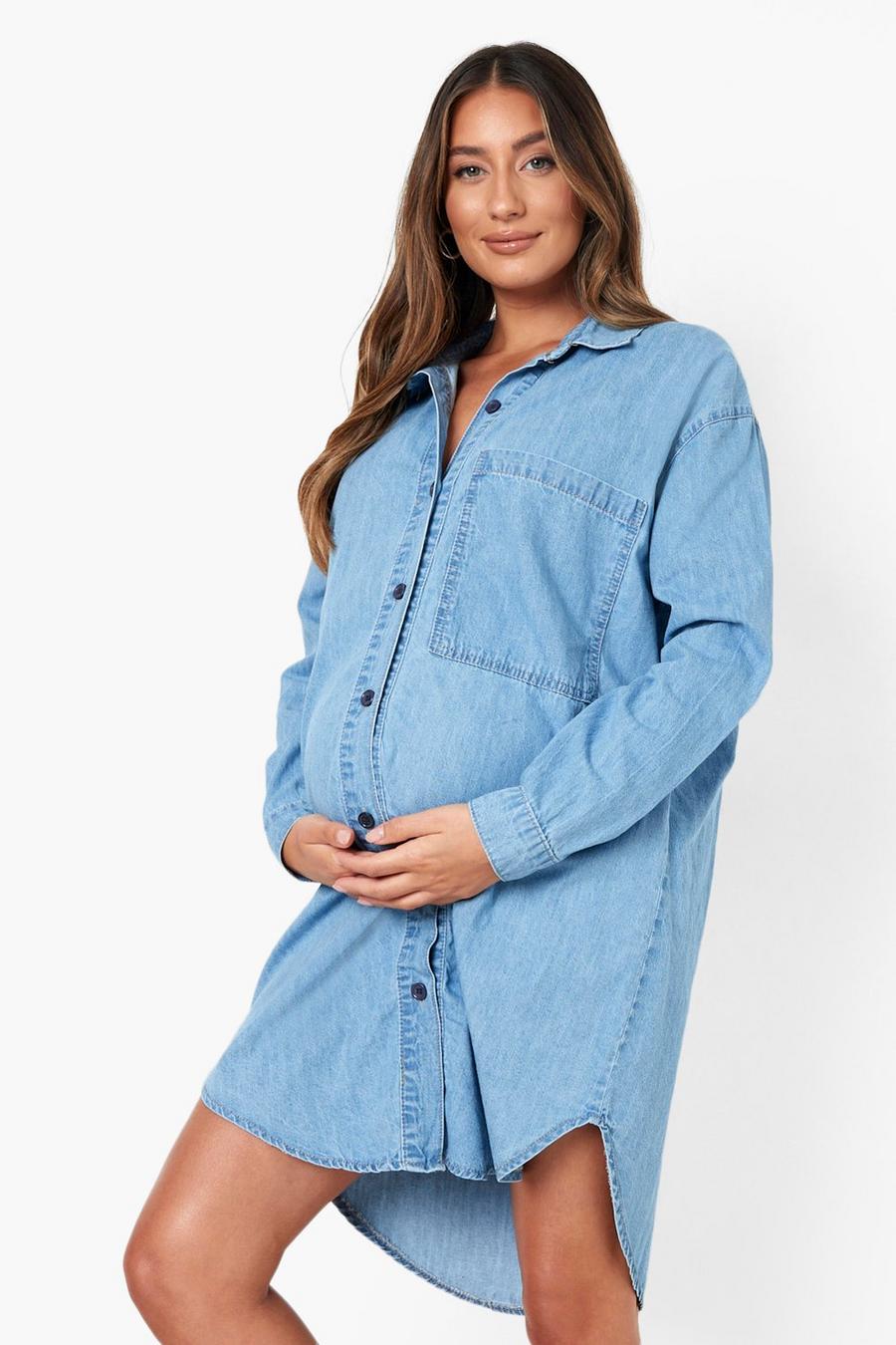 Blue Maternity Side Split Oversized Denim Shirt image number 1