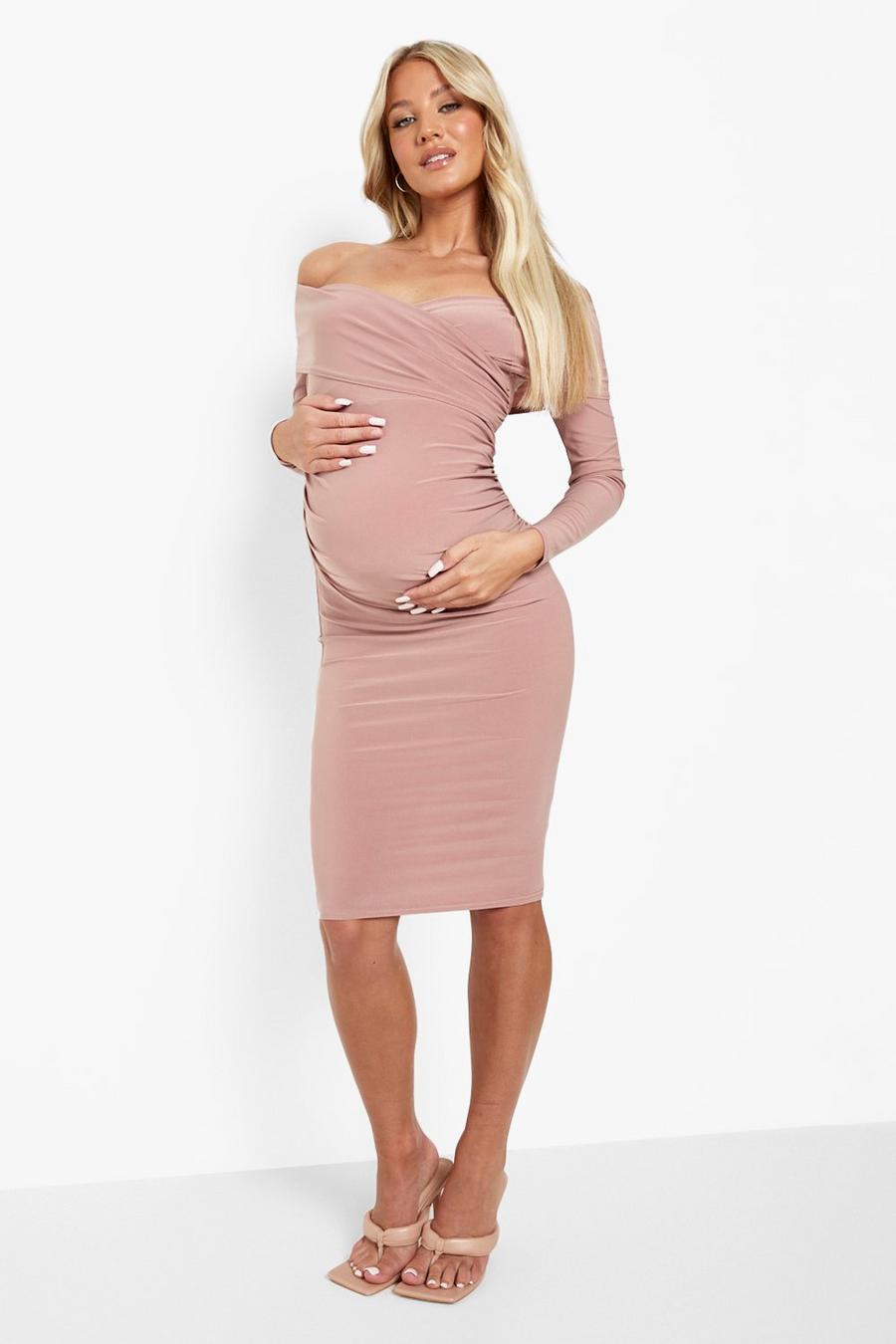 Rose pink Maternity Long Sleeve Off The Shoulder Midi Dress