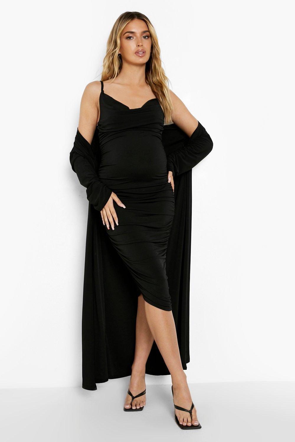 Boohoo Maternity Strappy Cowl Neck Dress And Duster Coat in Red
