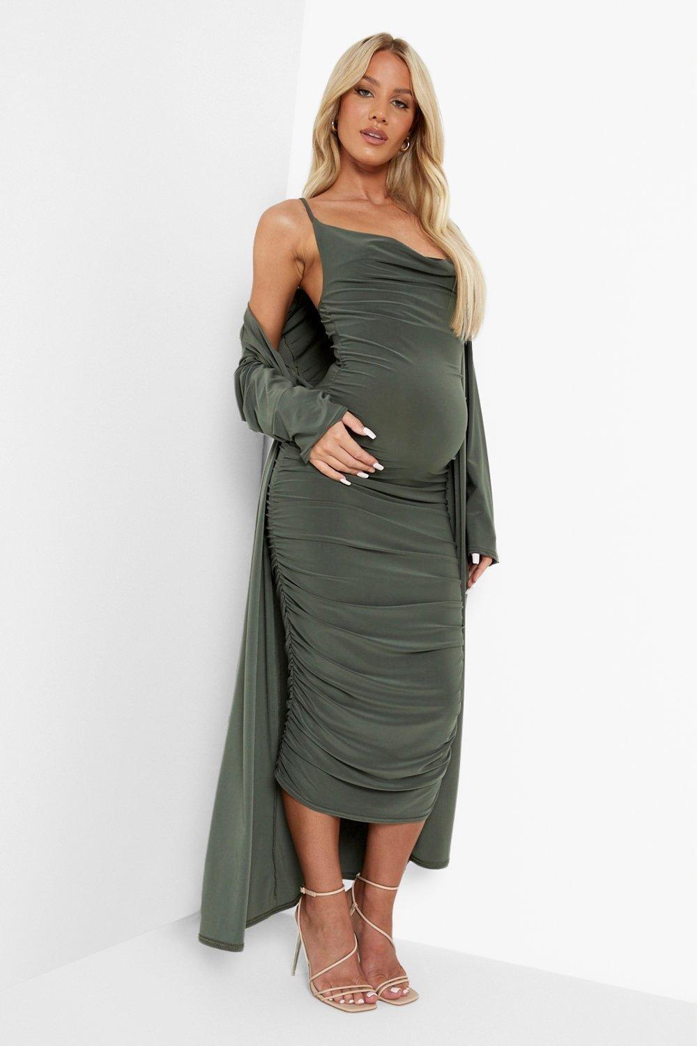 Maternity Shirred Detail Long Sleeve Midi Dress
