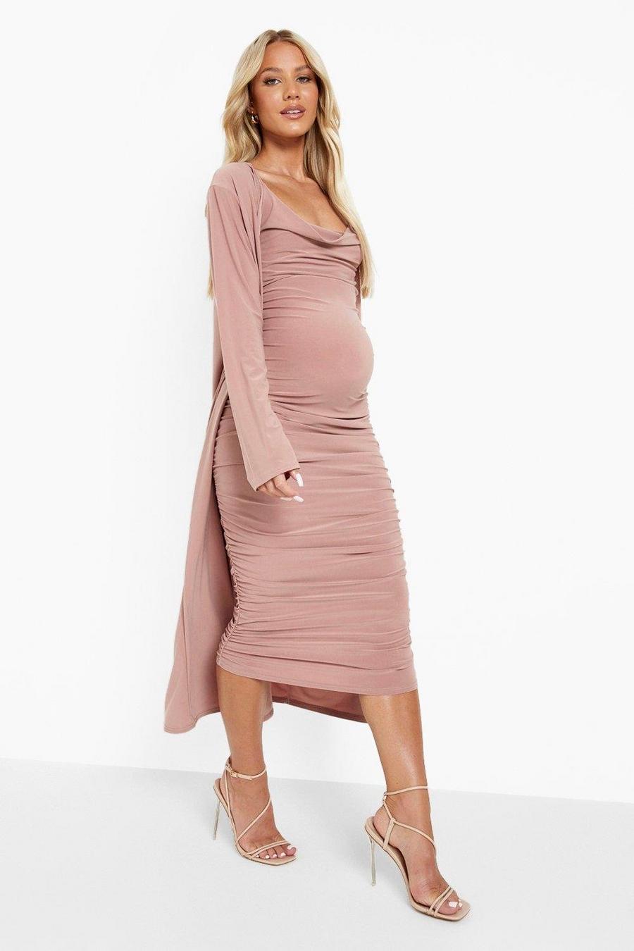 Rose Maternity Strappy Cowl Neck Dress And Duster Coat