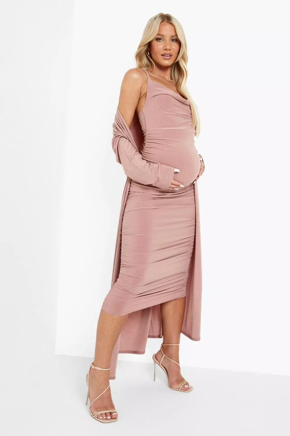 Boohoo Maternity Strappy Cowl Neck Dress And Duster Coat in Pink