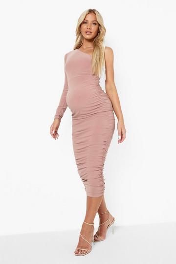 Maternity One Shoulder Ruched Midi Dress blush