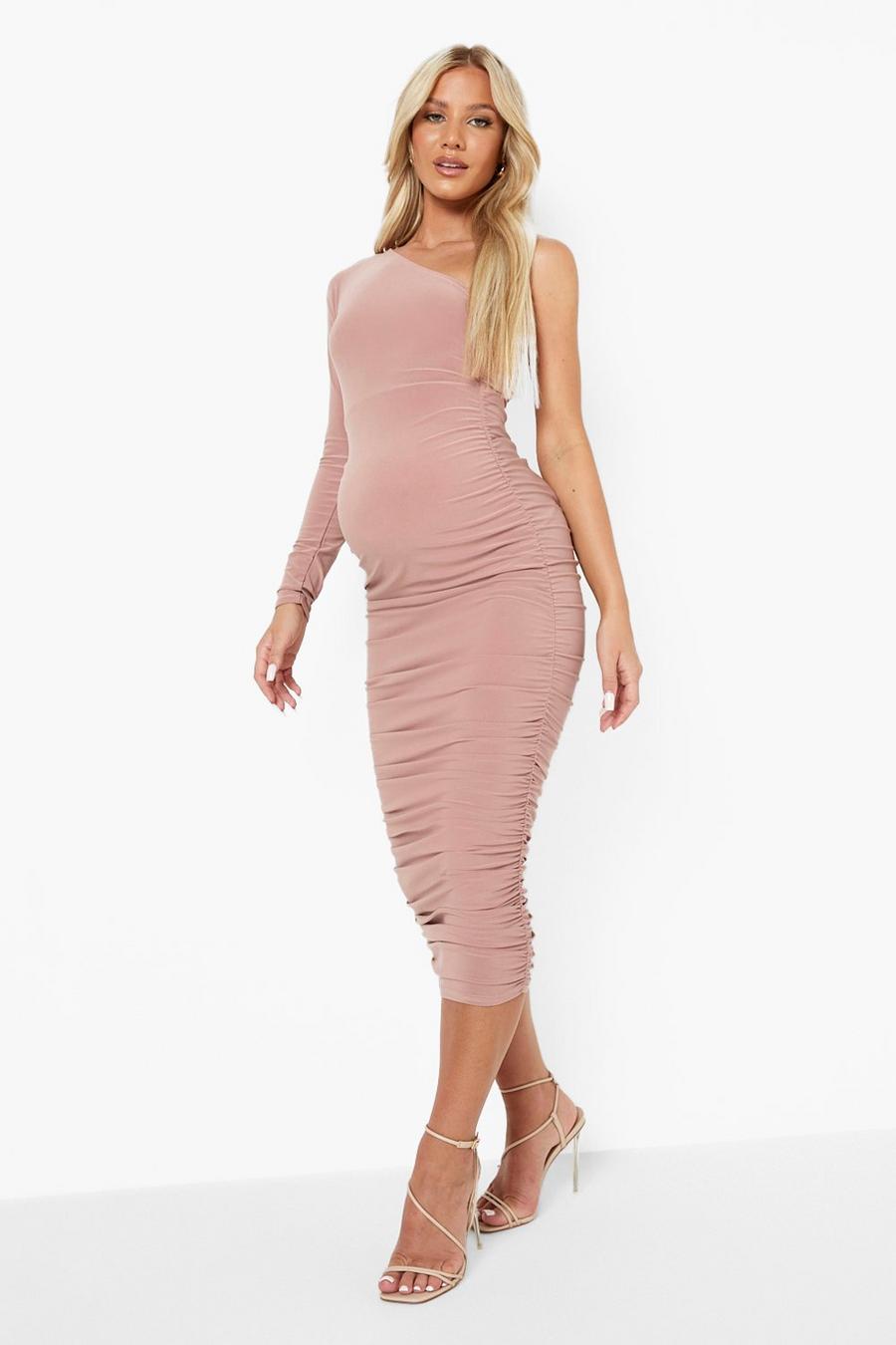 Blush pink Maternity One Shoulder Ruched Midi Dress