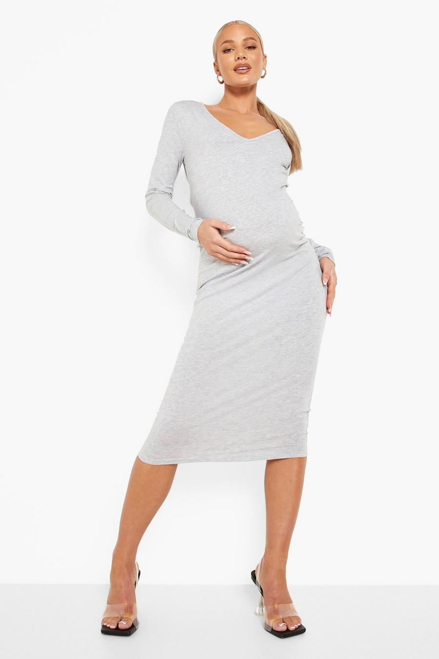 Grey marl grå Maternity V Neck Long Sleeve Midi Dress