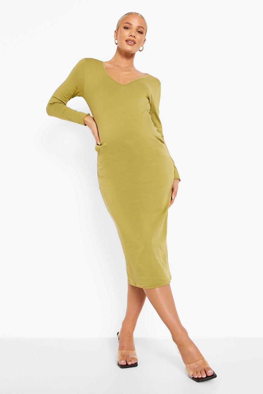 Khaki Maternity V Neck Long Sleeve Midi Dress