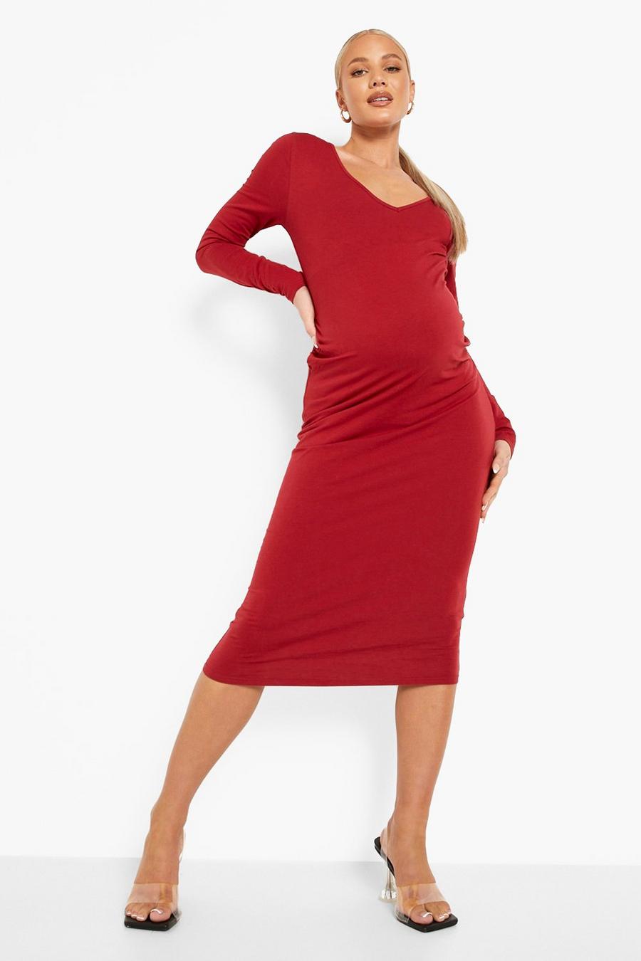 Wine red Maternity V Neck Long Sleeve Midi Dress
