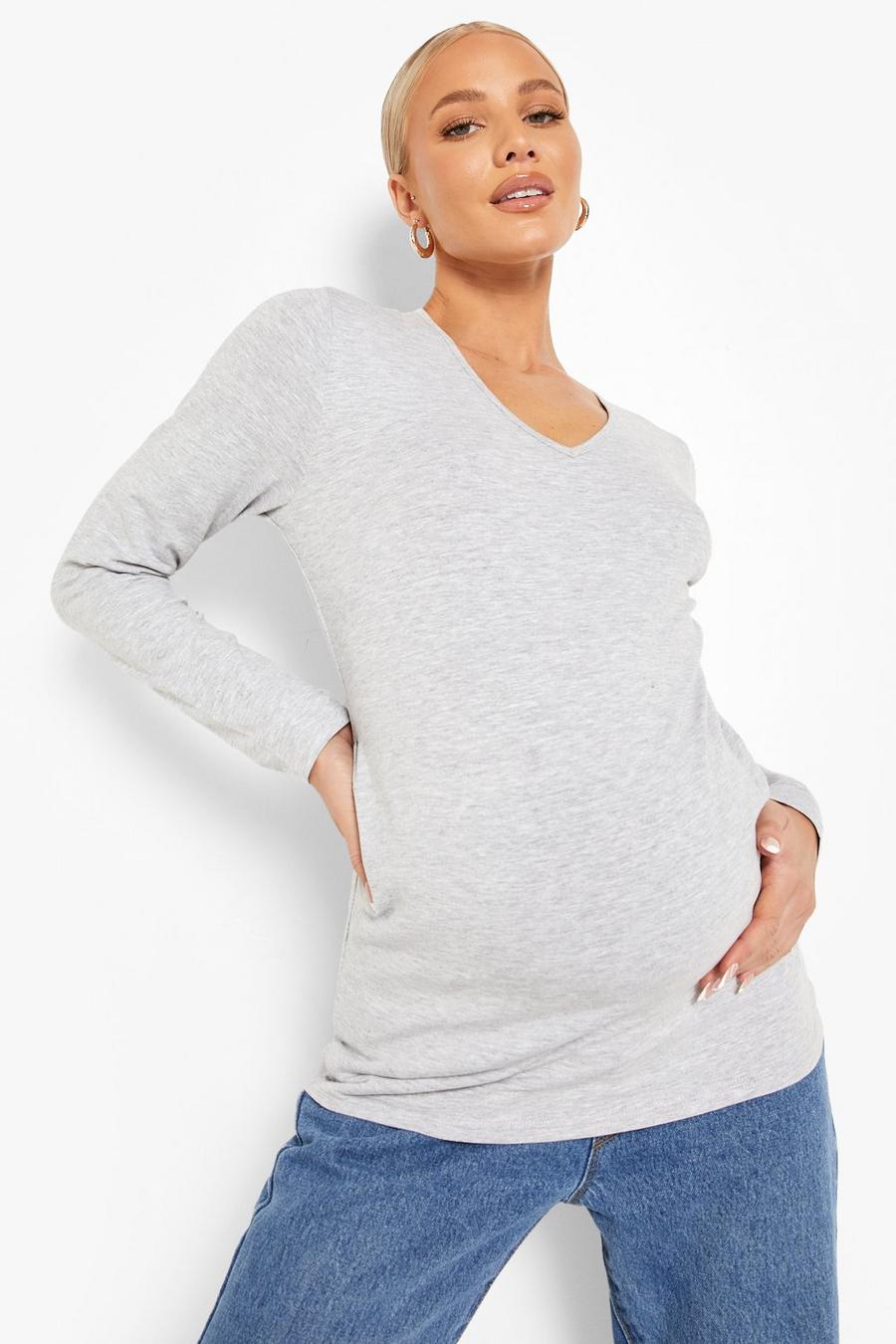 Grey marl Maternity V Neck Long Sleeve T-Shirt image number 1