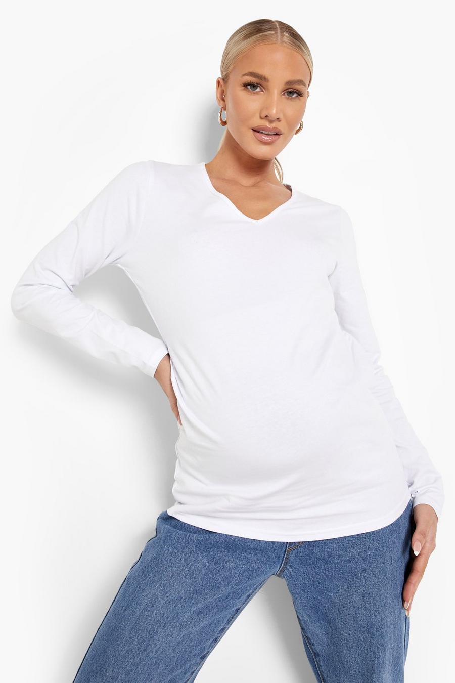 Umstandsmode langärmliges T-Shirt mit V-Ausschnitt, Weiß image number 1