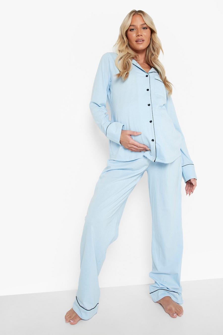 Pale blue Maternity Jersey Button Pj Trouser Set