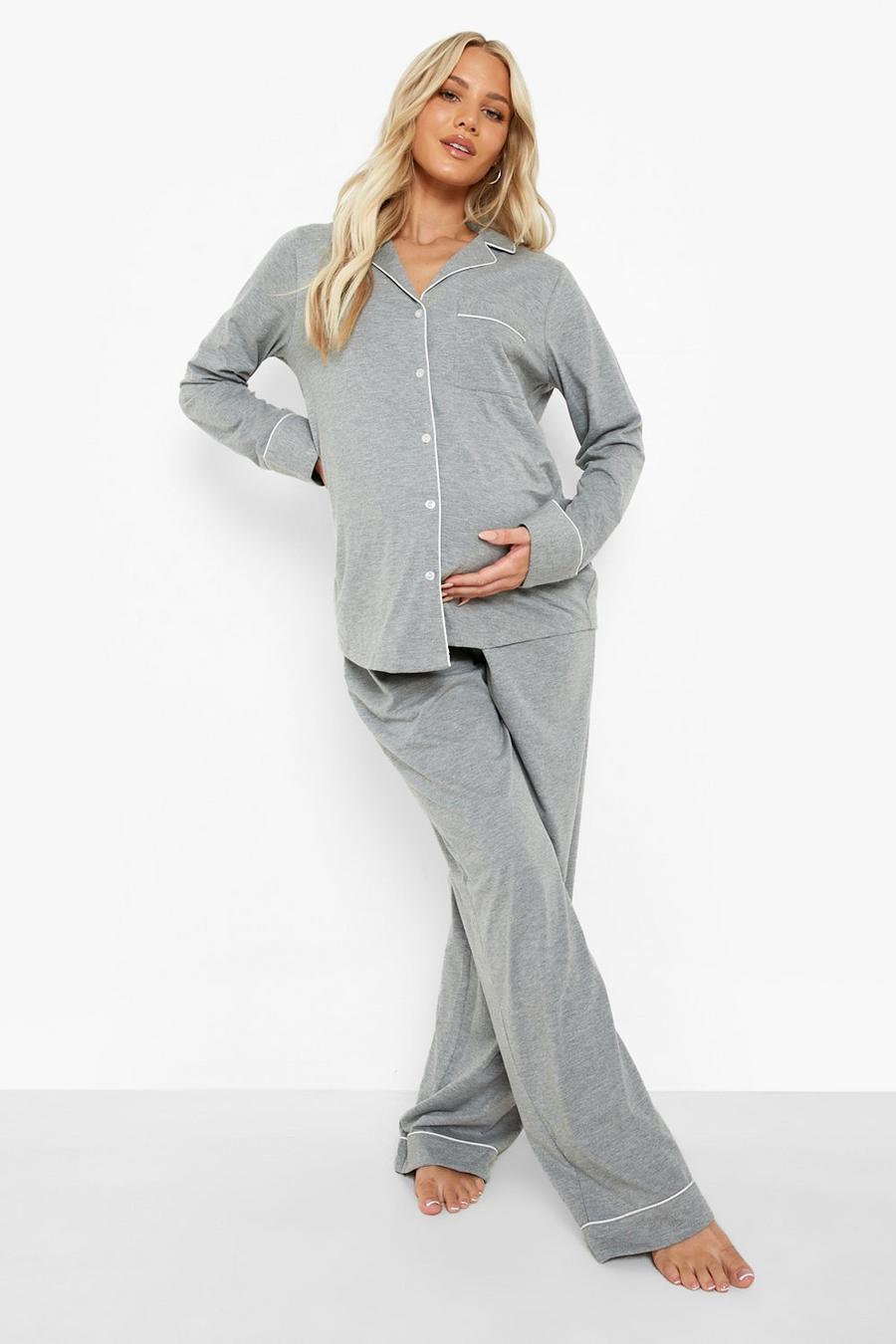 Pijama Premamá largo de tela jersey con botones, Grey marl gris