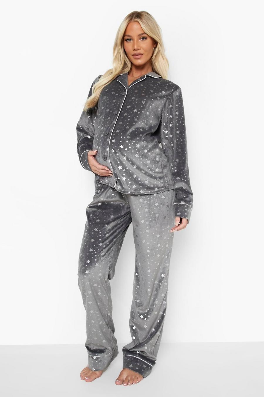 Umstandsmode Samt Pyjama-Set mit Stern-Print und Knöpfen, Grey image number 1