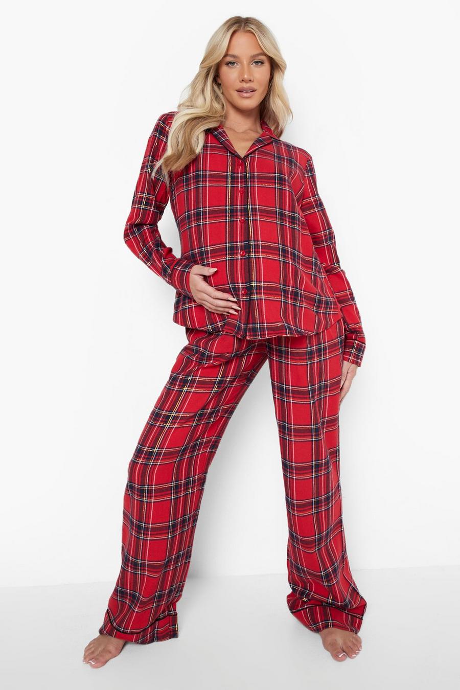 Red Maternity Brushed Check Button Pj Trouser Set image number 1