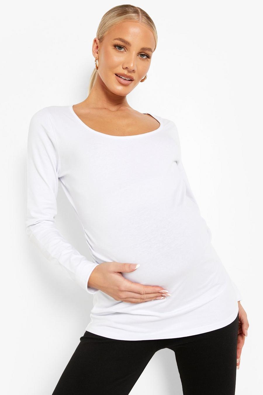 White Maternity Scoop Neck Long Sleeve T-Shirt