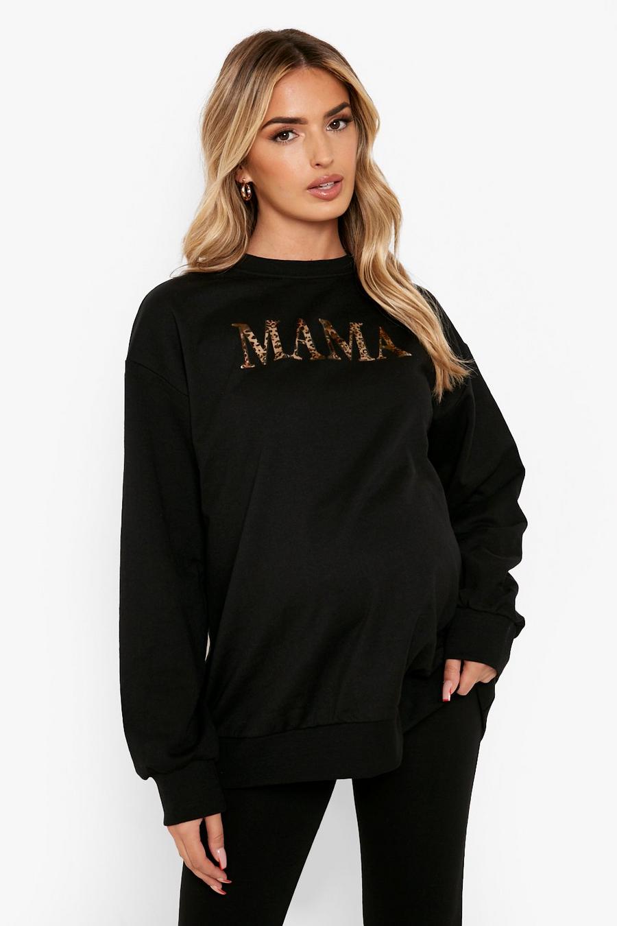 Umstandsmode Sweatshirt mit 'Mama'-Slogan und Leopardenprint, Black image number 1