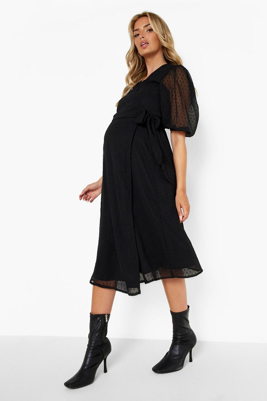 Black Maternity Dobby Mesh Wrap V Neck Midi Dress image number 1