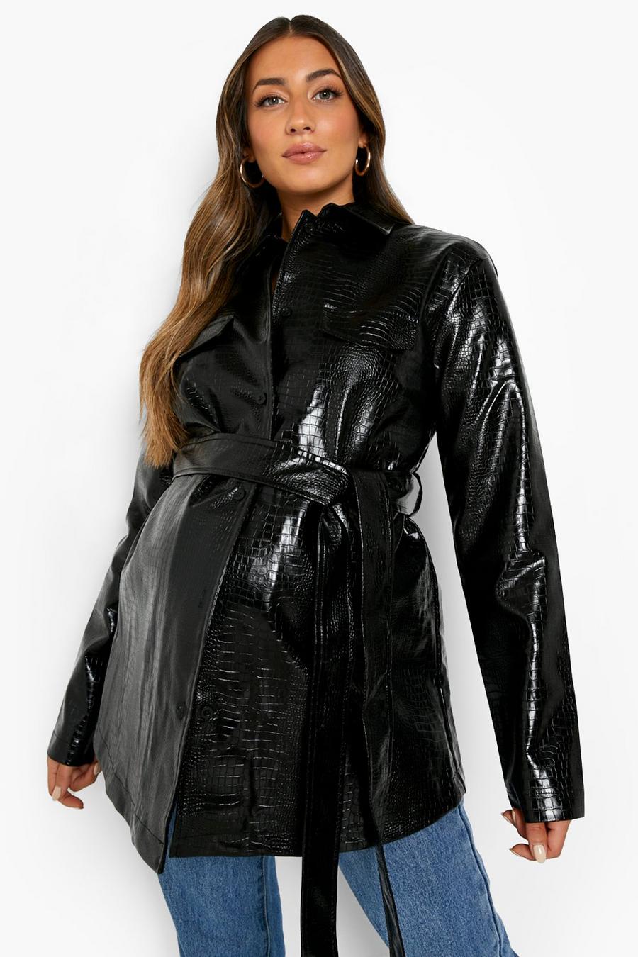 Black Maternity Belted Faux Leather Shacket image number 1