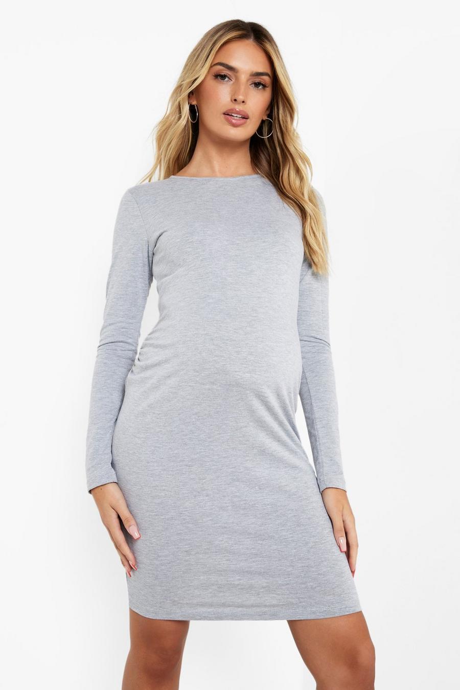 Grey marl Maternity Long Sleeve Basic Jersey Bodycon Dress image number 1