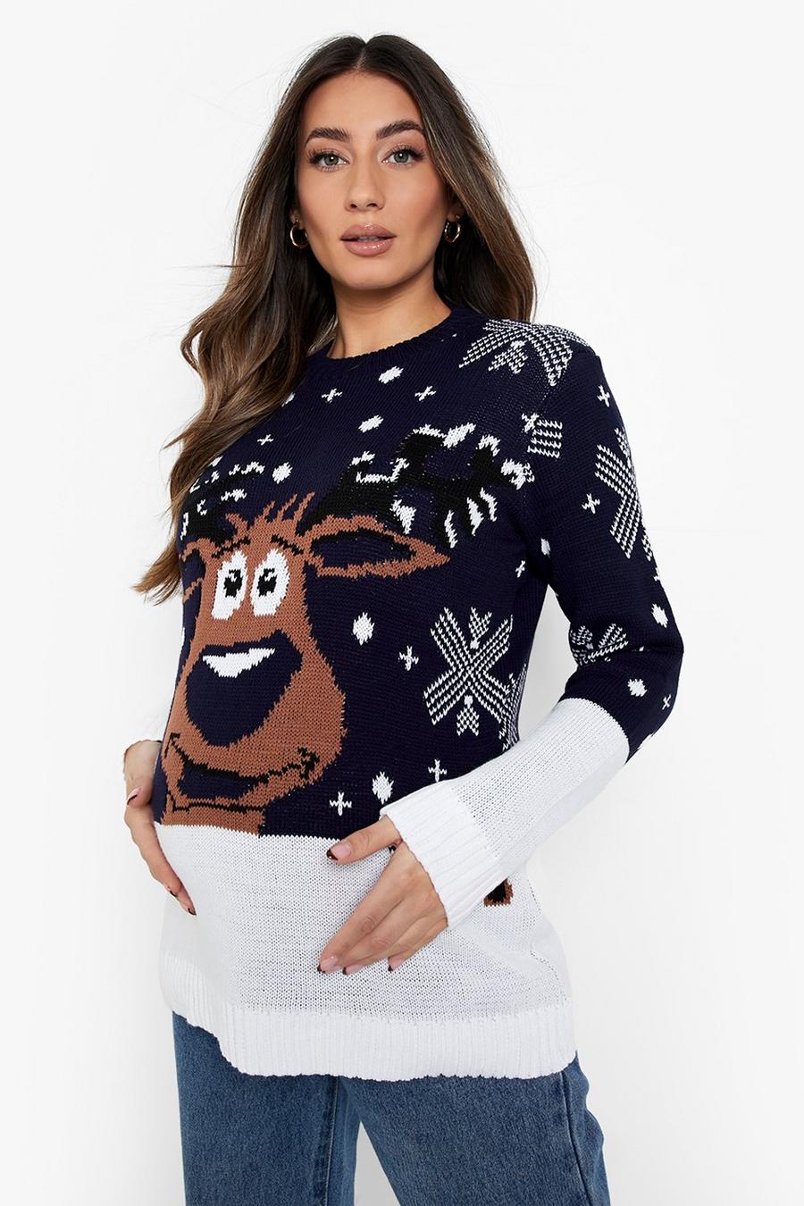 Navy Maternity Reindeer Christmas Sweater