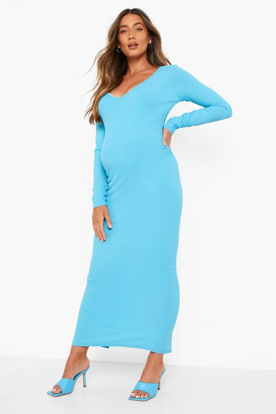 Blue Maternity Premium Rib Midi Dress image number 1